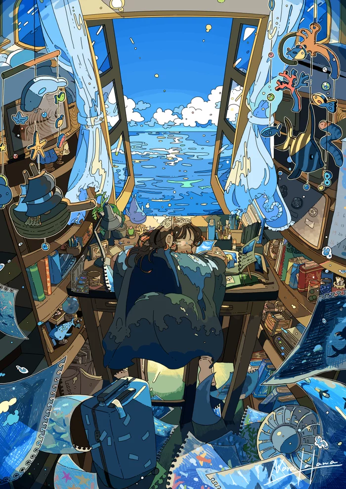 Sea - Anime, Anime art, Anime original, Girls, Room