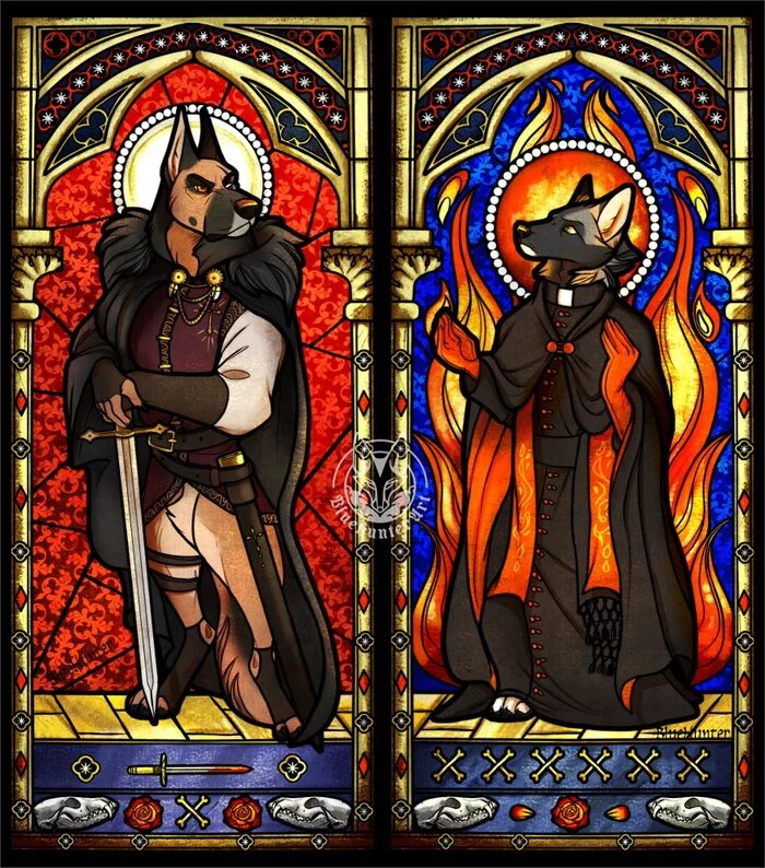 stained glass - Furry, Furry canine, Furry dog, Furry fox, Stained glass, Middle Ages, Gothic, Art, Digital drawing, Longpost, Anthro