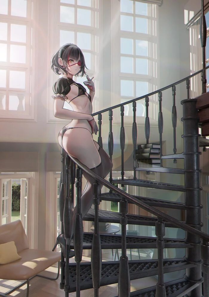 Sexy Maid - NSFW, Арт, Anime Art, Anime Original, Original Character, Горничная, Девушки, Эротика, Рисованная эротика, Нижнее белье, Чулки, Сиськи, Попа, Панцу, Вид сбоку, Курение, Сигареты, Глазная повязка, Винтовая лестница