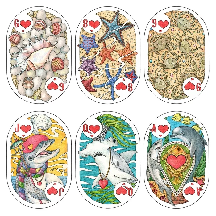 Cards of the heart suit - My, Alexander Erashov, Mascara, Traditional art, Graphics, Colour pencils, Playing cards, Sea, Hammerhead Shark, Dolphin, Jack, Ace, Walruses, Crab, Starfish, Seashells