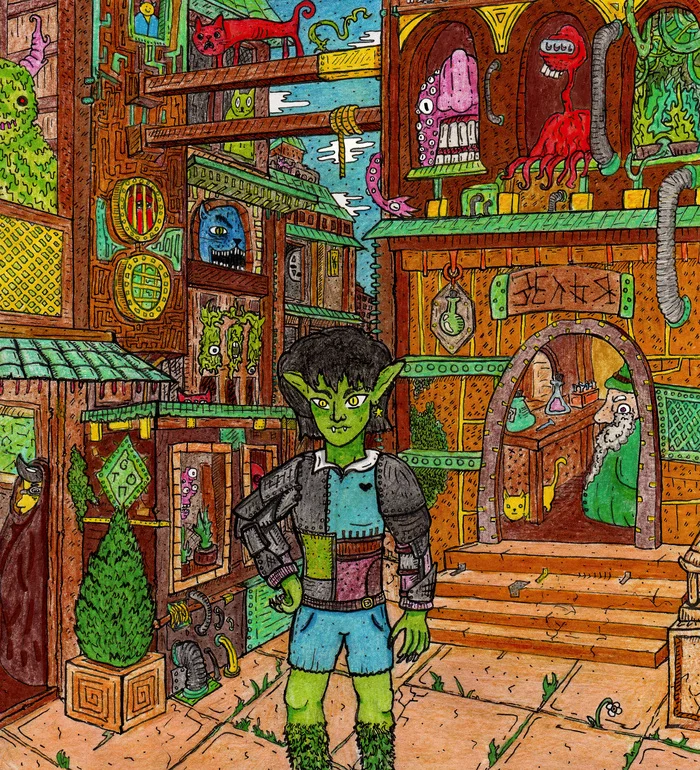 Sunny City - My, Art, Doodle, Drawing, Illustrations, Monster, Town, Characters (edit), Fantasy, cat, Magic, Colour pencils, Sketch, Painting, Pen drawing