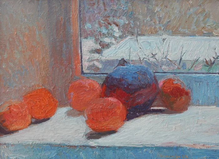 Sketches. Winter 2022 - My, Landscape, Still life, Winter, Oil painting, Painting, Painting, The sun, Impressionism, Panel house, Longpost