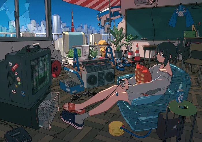 Resting with 16 bits and a boombox (on an inflatable chair) - Anime art, Girl, Record player, Game console, SNES, 90th, Pixiv