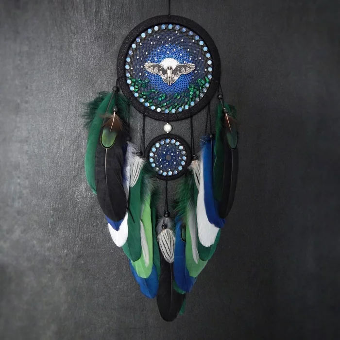 Dreamcatcher Midnight - My, Dreamcatcher, Owl, Needlework, Needlework without process, Handmade, With your own hands, The photo, Unusual, Indians, A rock, Beads, Beads, Feathers, Thread, Hobby, Longpost