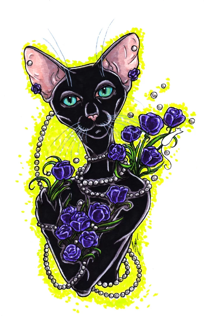 Lady with flowers - cat, beauty, Gracefulness, Drawing