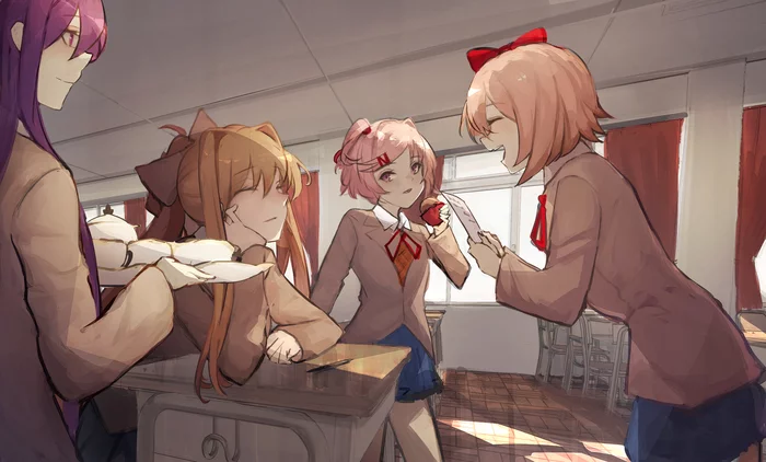 A typical day at a literary club - Doki Doki Literature Club, Sayori, Natsuki, Yuri DDLC, Monika, Anime art, Anime, Visual novel, 