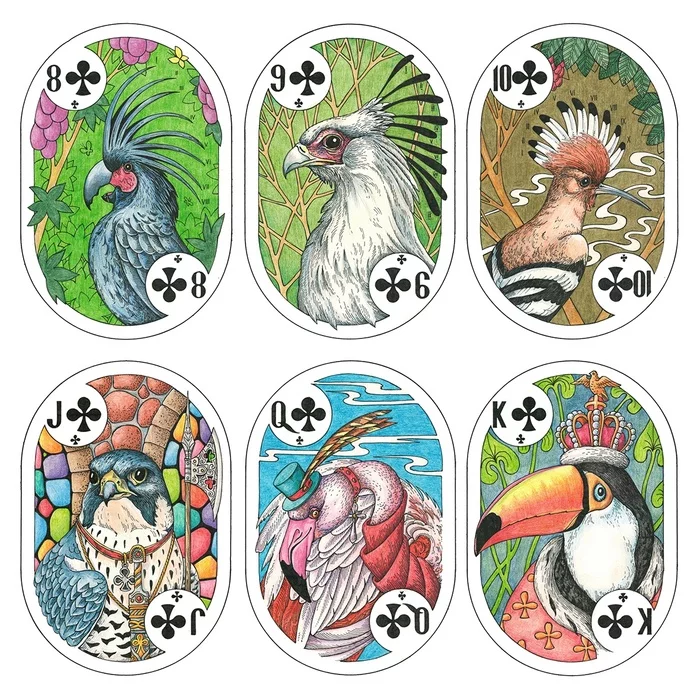 Cross Suit Cards - My, Alexander Erashov, Mascara, Traditional art, Graphics, Colour pencils, Playing cards, Birds, A parrot, Toucan, Flamingo, Falcon, Hoopoe, Clubs, Secretary Bird, 