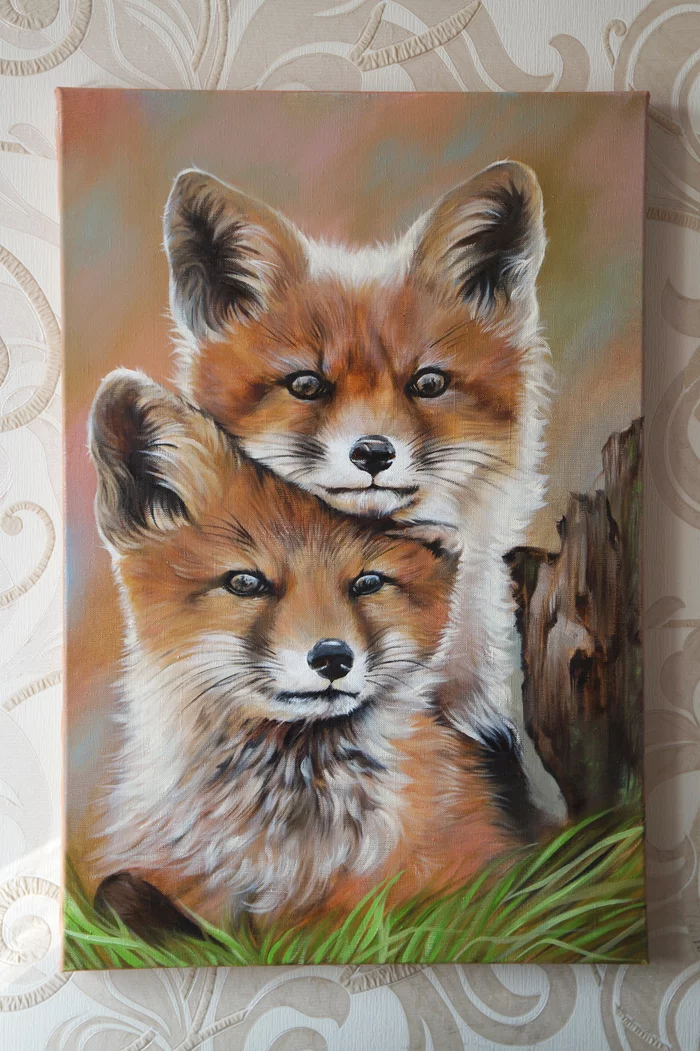 Fox oil on canvas - My, Creation, Oil painting, Canvas, Animalistics, Painting, Fox, Fox cubs, Nature, Longpost