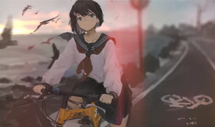 Pokatushki - Art, Girls, School uniform, A bike, Bike path, Seifuku