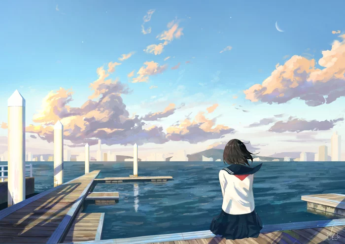 Sea breeze - Art, Girls, School uniform, Schoolgirls, Seifuku, Pier, Anime