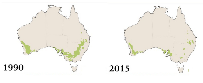 В период с 1990 по 2015 гг. площадь пахотных земель в Австралии сократилась в два раза Карты, Австралия, Сельское хозяйство