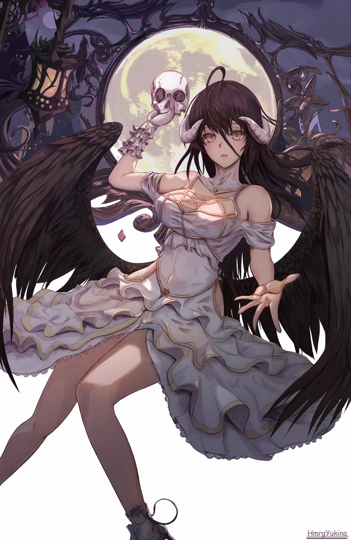 hovering - Art, Anime, Anime art, Overlord, Albedo, Succubus, Girl with Horns