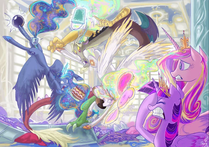 This happens every time we bring a cake. - My little pony, PonyArt, Twilight sparkle, Princess celestia, Princess luna, Princess cadance, MLP Discord, Jowybean