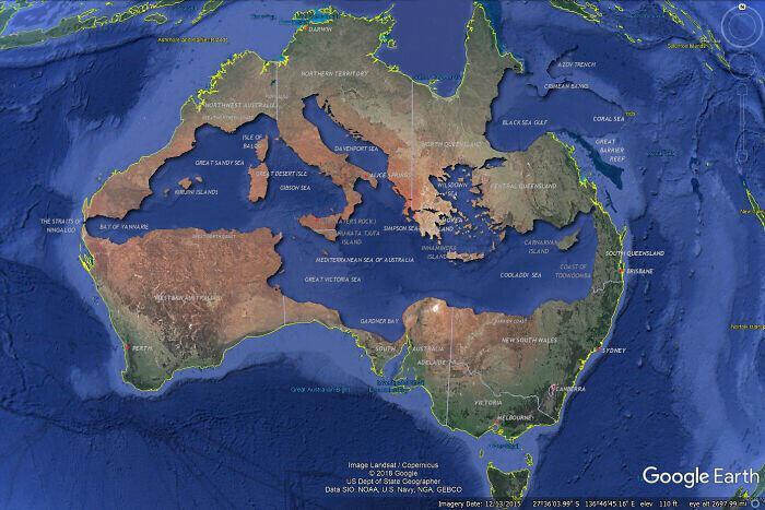 Сравнительный размер между Австралией и Средиземным морем Карты, Европа, Австралия