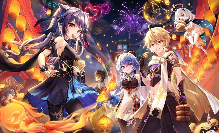 Sea lantern festival - Genshin impact, Art, Anime art, Aether, Ganyu, Keqing, Paimon, Zhongli, Xiangling