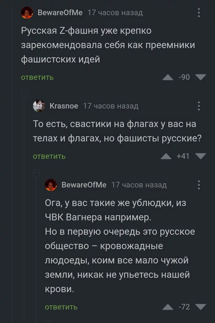@BewareOfMe considers Russian society bloodthirsty cannibals and Z-fascists - Screenshot, Nationalism, Russophobia, Minus meter, Politics, Comments on Peekaboo