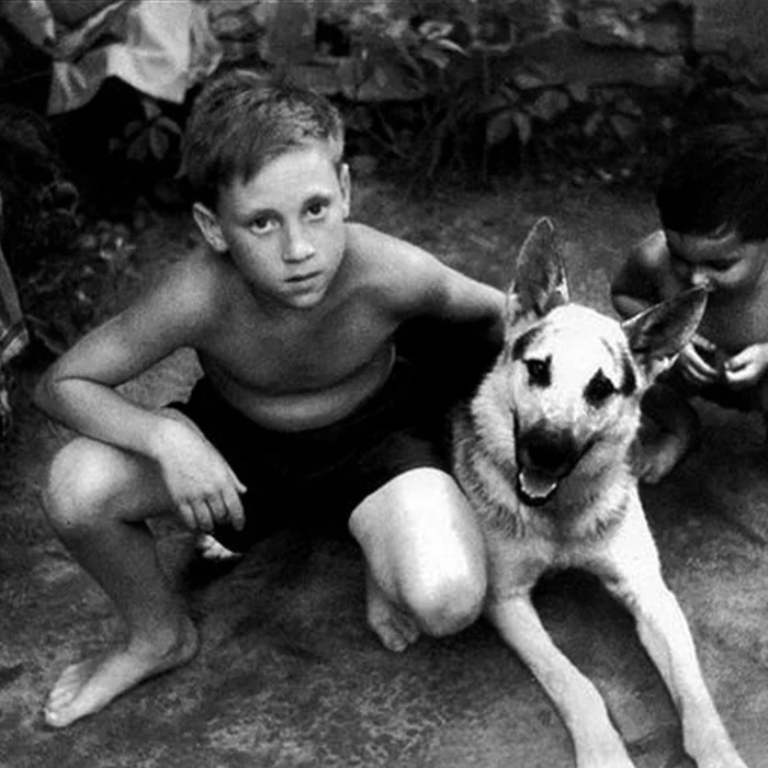 Volodya Vysotsky with a friend - Vladimir Vysotsky, Dog, East European Shepherd, The photo, Old photo, Black and white photo, Actors and actresses, Celebrities, Friend