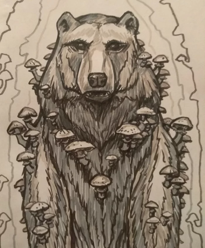 Gray Bear - My, Drawing, Original character, Art, Traditional art, The Bears, Magic mushrooms, Chthon