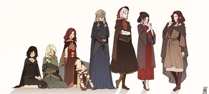 Companions of the protagonist - Demons souls, Dark souls, Bloodborne, Elden Ring, Sekiro: Shadows Die Twice, Maiden in Black, Fire keeper, Emerald herald, Melina, Plain Doll, Art, Games