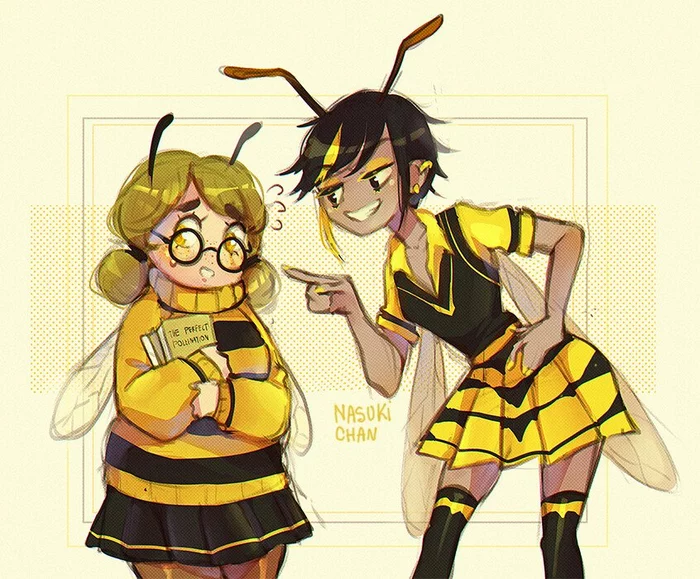 Bee and Wasp - Art, Humanization, Bees, Wasp