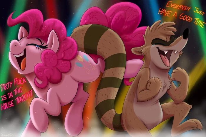 Pink pony and raccoon - My little pony, Art, Pinkie pie, MLP crossover, Regular show, Rigby, Mat