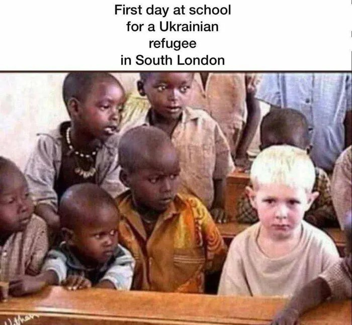 First day at the London School for a Ukrainian refugee - Politics, Humor, Children, Black people, Picture with text