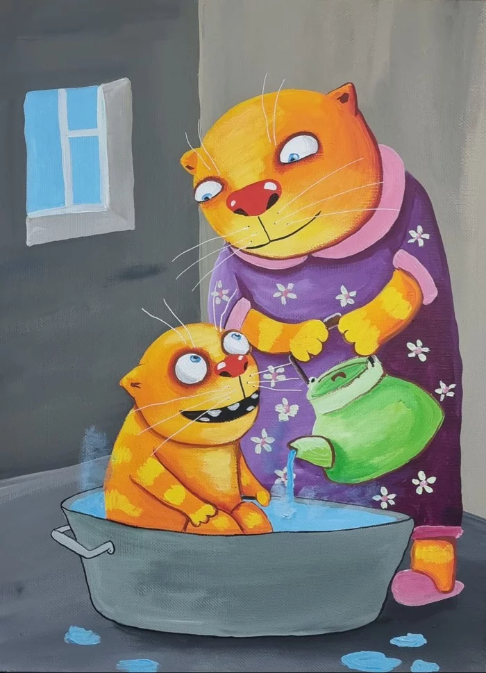 Water procedures - Humor, Vasya Lozhkin, cat, Painting