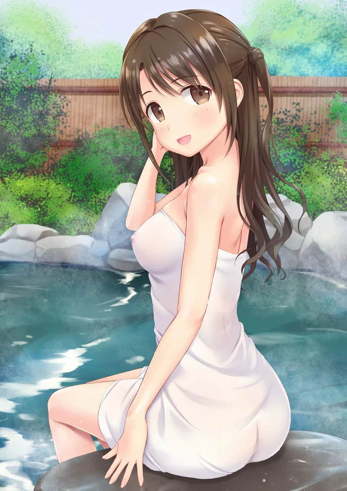 In the bath - NSFW, Anime art, Anime, Girls, Drawing, Pixiv, Towel, The hot springs, Hand-drawn erotica, Nipples, Tight clothing, Booty, Brown-haired woman, Brown Eyes, Artist NG, Back, The idolmaster, Idolmaster Cinderella Girls, Uzuki Shimamura, Longpost