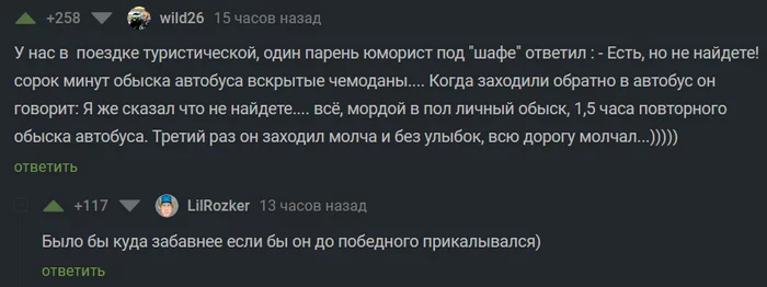 Оружие, наркотики, запрещенное есть? - Юмор, Проверка, Пограничники, Досмотр, Комментарии на Пикабу, Скриншот