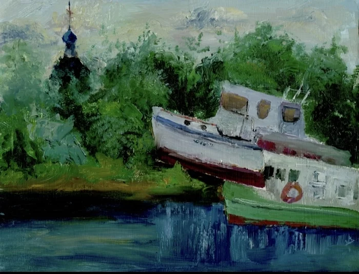 Two yachts, oil, cardboard, 30x40 cm - My, Painting, Yacht, Oil painting, Summer, River, Church