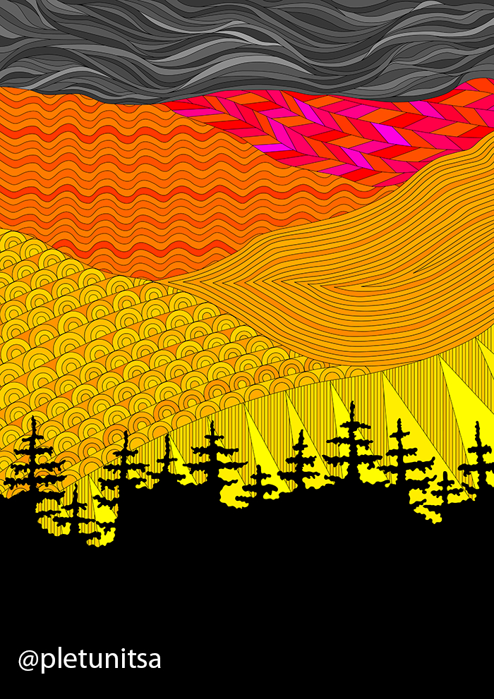 dawn - My, Creation, Digital drawing, Vector graphics, Drawing, Poster, dawn, Sky, Christmas trees