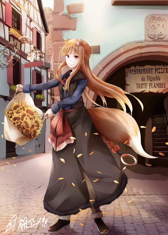 Holo - Anime art, Anime, Holo, Spice and Wolf, Dobutsu, Animal ears, Sunflower