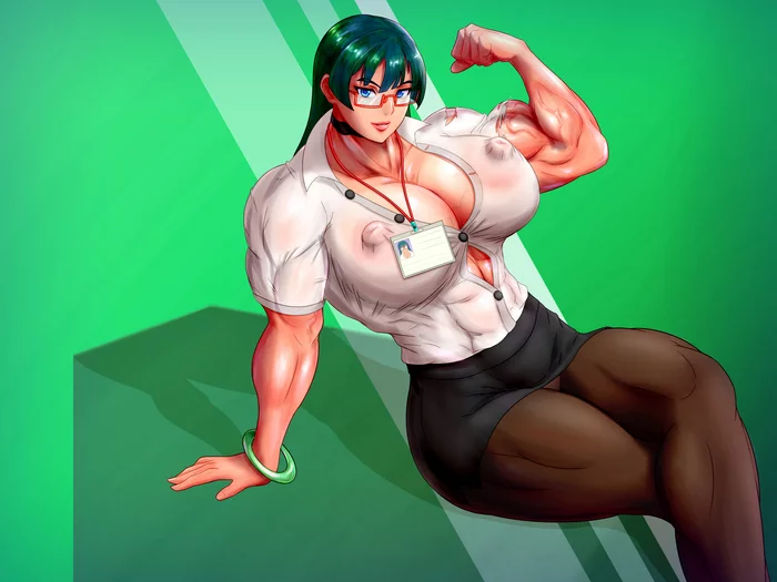 The secretary - NSFW, Muscleart, Strong girl, Sleep-Sleep, Hentai, Boobs, Hand-drawn erotica, Body-building, Bodybuilders, Anime, Anime art, Anime original, Longpost, Ran052