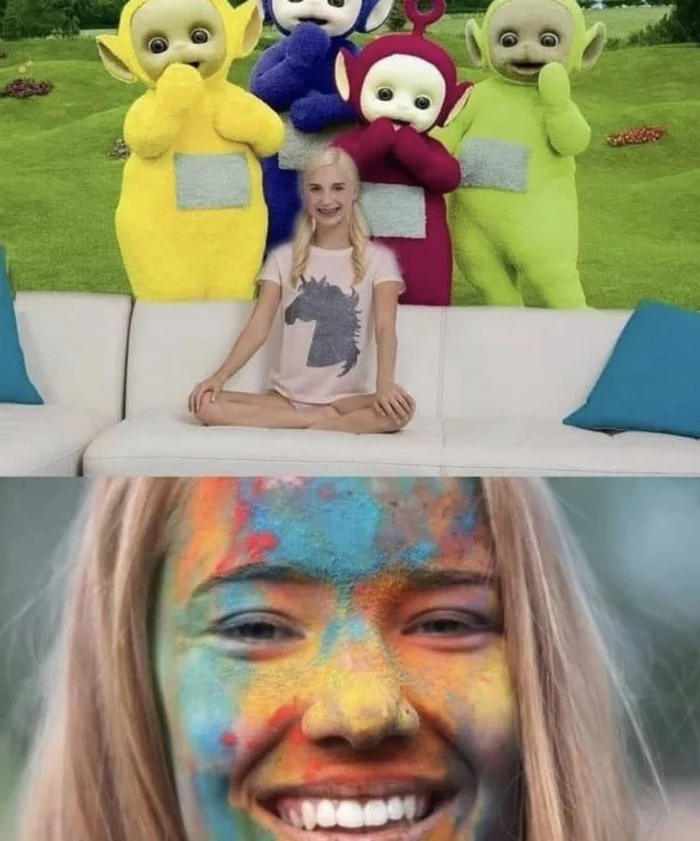 Children's version - Picture with text, Girls, Piper Perry, Holi color festival, Teletubbies, Girl and five blacks, Repeat