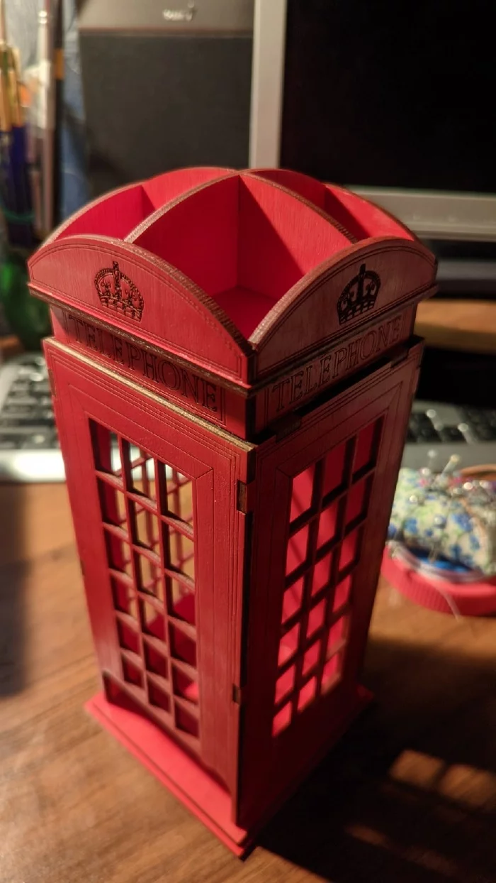 Tea House - London Telephone Booth - My, With your own hands, Needlework with process, Wood products, Woodworking, Tea bags, Tea House, Laser cutting, Corel draw, Longpost