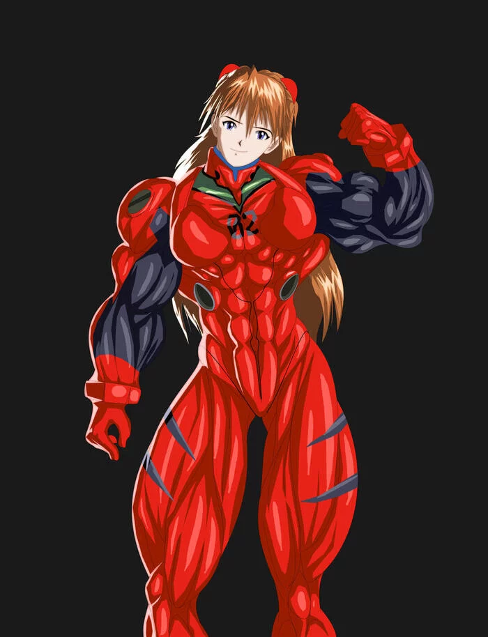 Мускулистая Аска - Evangelion, Asuka Langley, Крепкая девушка, Сну-Сну, Аниме, Anime Art, Muscleart, Арт, Девушки, Extreme muscles