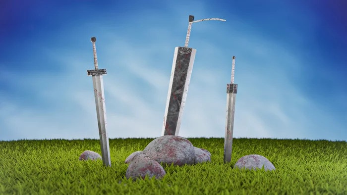 The first work of the full pipeline ;)The Swords of Guts from the anime Berserk.Criticism is welcome ;) - My, Blender, 3D, 3D modeling, 3D graphics, Berserk, Computer graphics, Zbrush, Substance painter, Marmoset Toolbag, Longpost