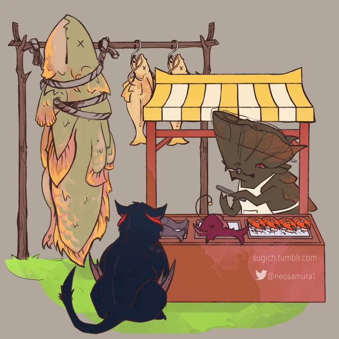 Nargakuga buys fish - My, Fishing Cat, Art, Monster hunter, Monster Hunter World