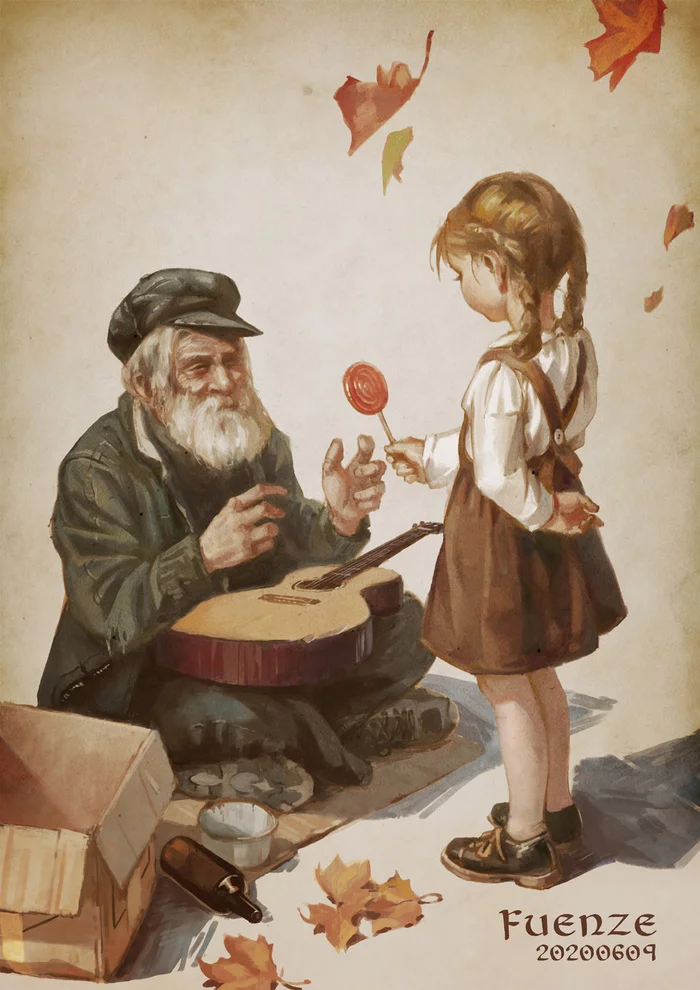 Лоли предлагает дяде конфетку - Арт, Pixiv, Рисунок