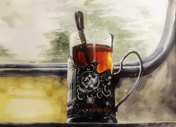My paintings part 8 (in Petrozavodsk...) - My, Creation, Art, Painting, Artist, Painting, Watercolor, A train, Cup, Cup holder, Tea, Russian Railways
