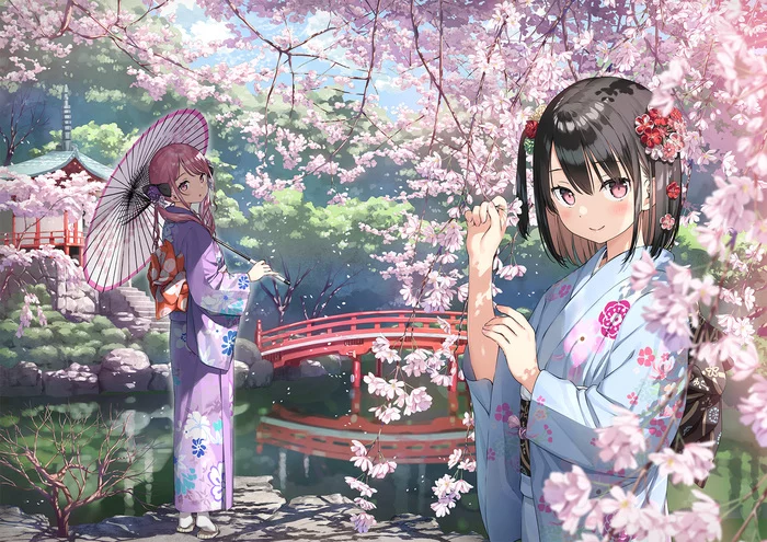 Watching cherry blossoms at Daigoji Shrine - Anime, Anime art, Anime original, Girls, Yukata, Temple, Sakura, Khans