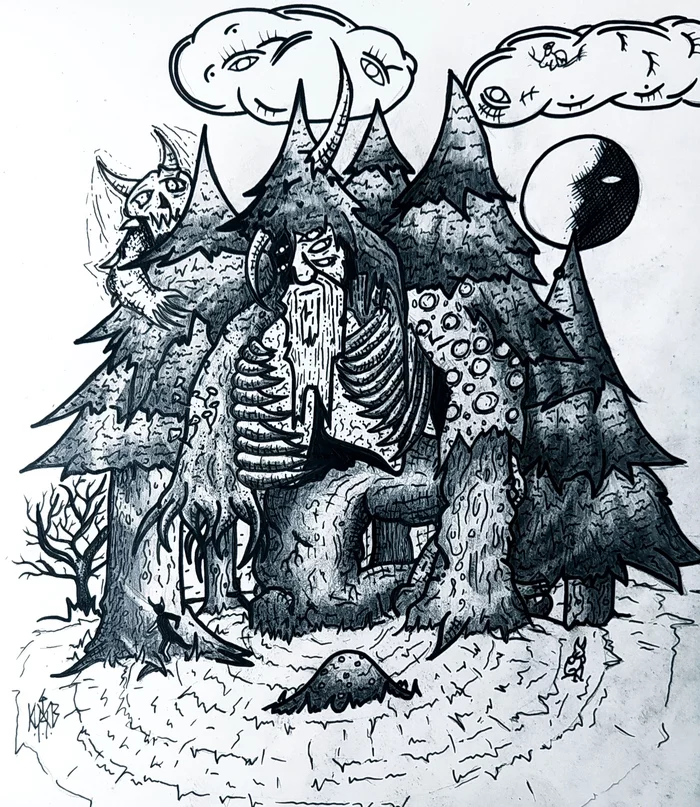 Silvan/Leshy/Forest Dweller - My, Drawing, Illustrations, Goblin, Pencil drawing, Pen drawing, Demon, Longpost