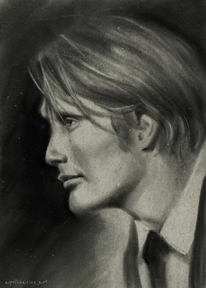 Portrait of Mads Mikkelsen - My, Portrait, Art, Digital drawing, Actors and actresses, Black and white, Coal