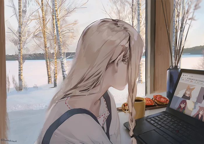 Winter chat with girlfriends - Anime, Anime art, Girls, Animal ears, Thinkpad