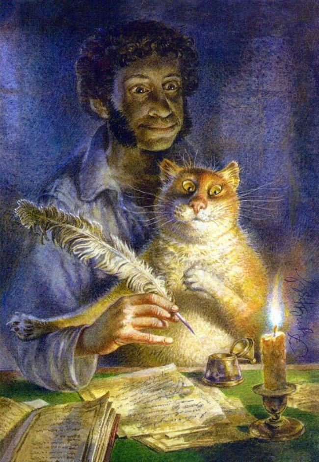 Cats and Pushkin by Vladimir Rumyantsev - Art, Milota, cat, Alexander Sergeevich Pushkin, Vladimir Rumyantsev, Watercolor, Saint Petersburg, Longpost