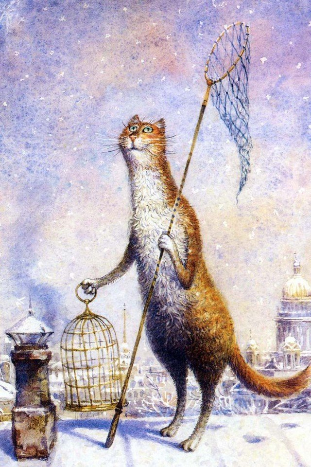 Cats and Pushkin by Vladimir Rumyantsev - Art, Milota, cat, Alexander Sergeevich Pushkin, Vladimir Rumyantsev, Watercolor, Saint Petersburg, Longpost