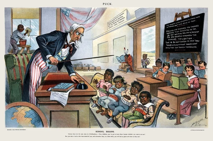 School begins - Art, Drawing, Caricature, Retro, Uncle Sam, School, Cuba, Puerto Rico, Hawaii, Philippines, Education, Indians, Chinese, Black people, Teacher, Picture with text, Past, Politics, USA