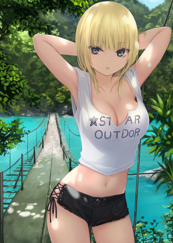 Chan - NSFW, Anime, Anime art, Boobs, Neckline, Shorts, Blonde, Green eyes, No bra, Etty, Suspension bridge, River, Coffee-kizoku, Original character, Cleavage