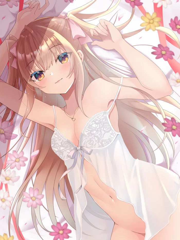 Anime Art - NSFW, Anime art, Anime, Lies, Peignoir, Petals, Bed, Without underwear, Etty, Boobs, Brown-haired woman, Long hair, Anime original, Original character