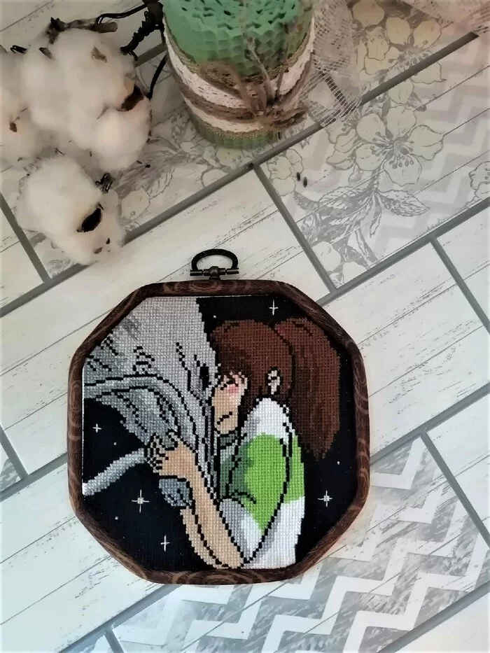 Miracle Girlfriend - My, Chihiro, Hayao Miyazaki, Cross-stitch, Embroidery, Haku, Luminescence, Longpost, Needlework without process